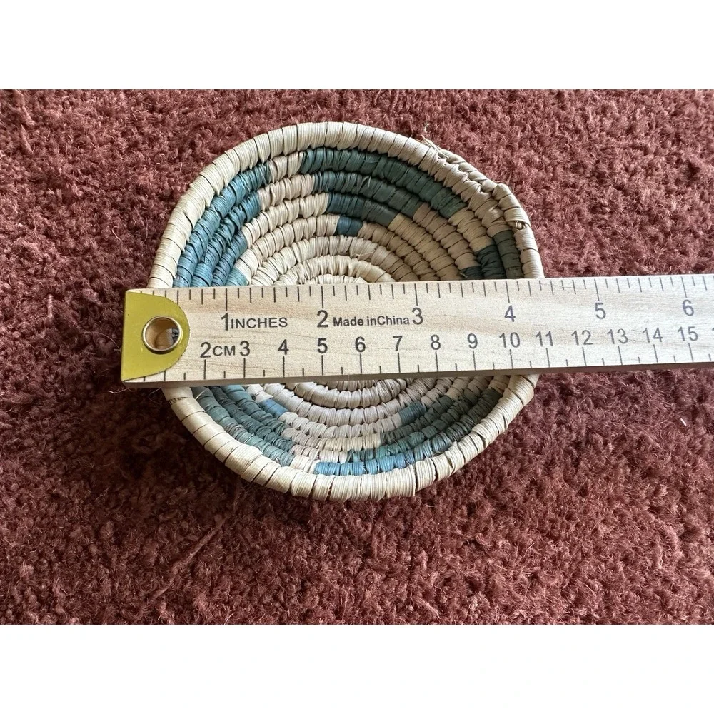 Handwoven Small Basket Trinket‎ Dish Boho Cream Blue Green Star